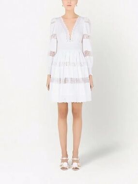 Dolce & Gabbana White Lace-Panel V-Neck Mini Dress